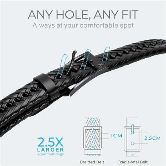 Mens Braided Leather Belt Woven Dress Casual Belt Adjustable for Jeans Pants - Picture 3 of 7